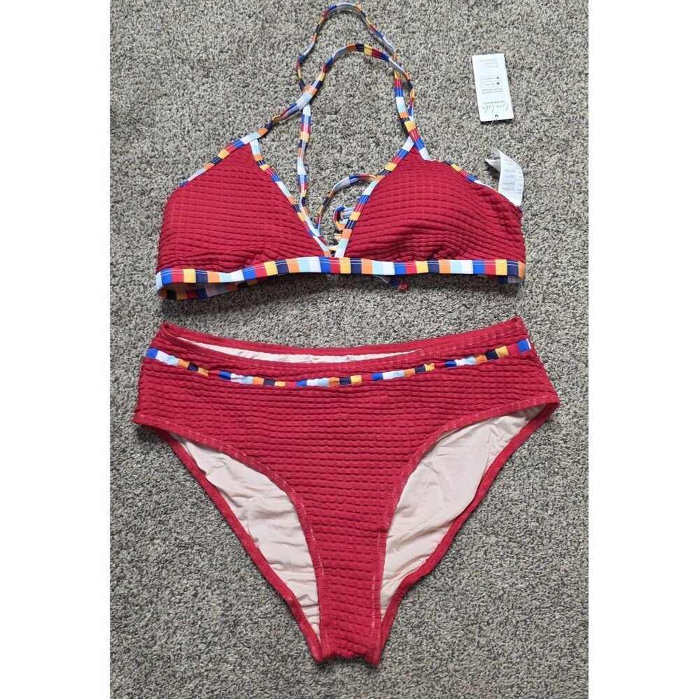NWT Cupshe Two Piece Swimsuit Size Large Red Bikini Activewear Pool Beach